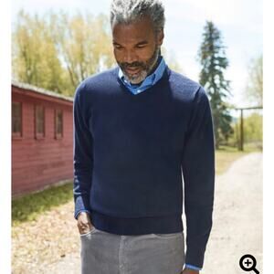 LL Bean Cotton Cashmere V neck Sweater Large Navy Preppy Capsule Old Money